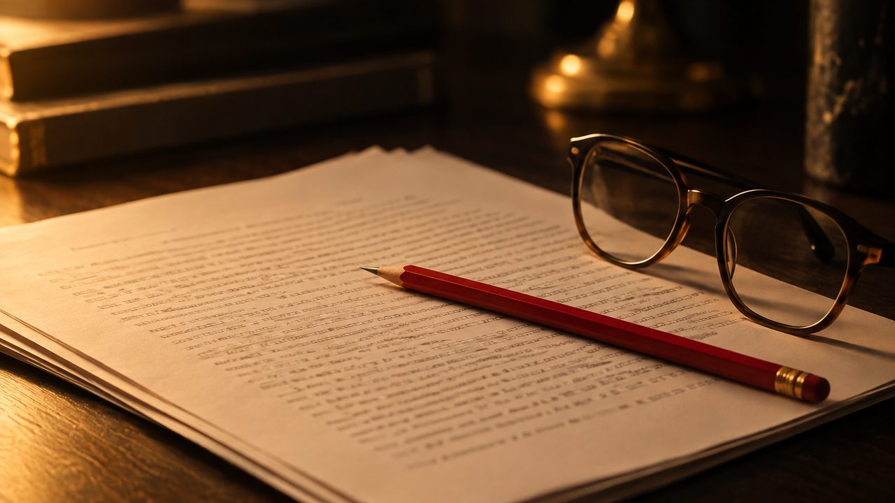Un manuscrito impreso con un lápiz rojo encima y unas gafas de lectura al lado