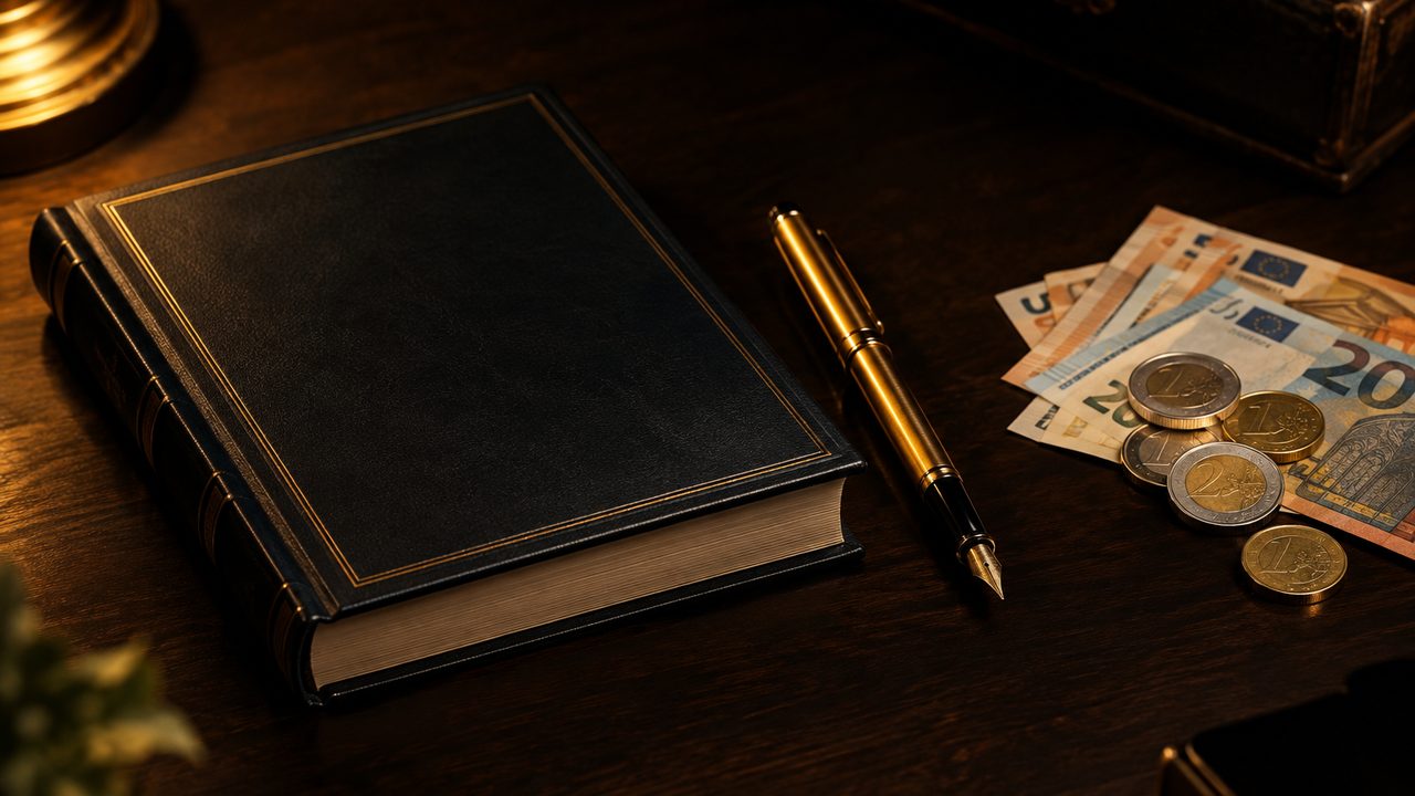 Un libro de tapa dura, una Barroco Ediciones y billetes y monedas de euro sobre un escritorio de madera oscura