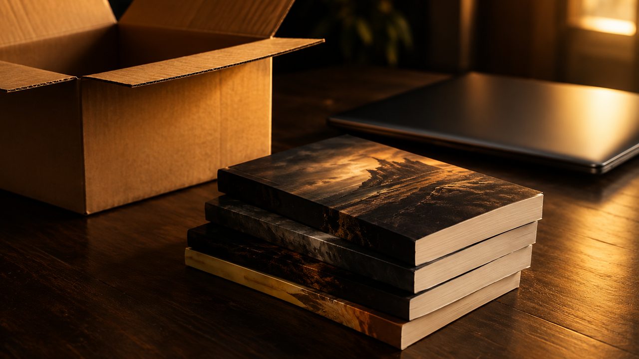 Una pila de libros en tapa blanda junto a una caja de envío y un portátil sobre una mesa de madera